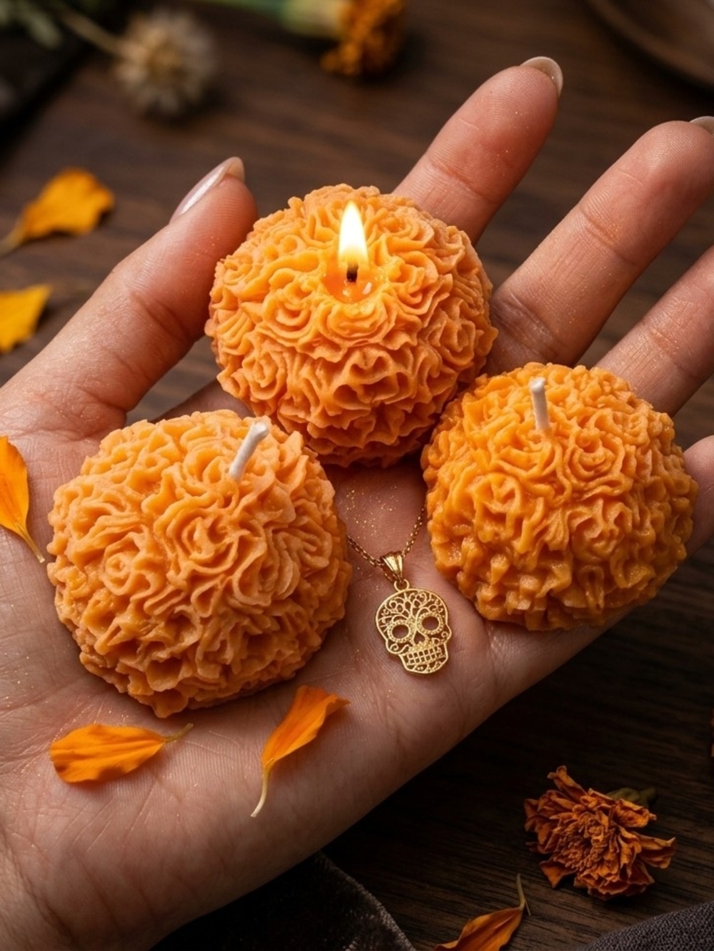 Handcrafted Orange Marigold Sphere Candle - Home Accents